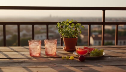 Fototapeta premium Two decorative pink glasses, a potted basil plant, and fresh fruit are arranged on a rustic wooden table on a balcony during golden hour, overlooking a blurred city