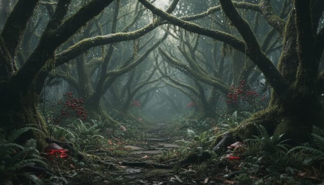 Dark, mystical, winding forest path leads through ancient, moss-covered trees, illuminated by glowing red mushrooms and sparkling mist