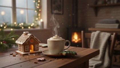 Steaming mug of hot cocoa with whipped cream sits next to a festive gingerbread house and cookies on a rustic wooden table, creating a cozy winter scene