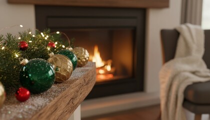 Festive Christmas ornaments and garland with string lights and faux snow create a cozy holiday atmosphere on a wooden mantelpiece, with a warm fireplace and a comfortable chair 