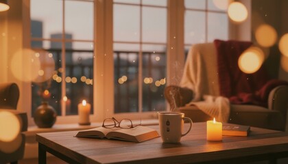 Steaming mug, open book, and candle create a cozy, warm atmosphere on a wooden table, with soft bokeh lights and a window view in the blurred background