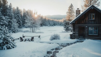 Rustic wooden cabin nestled in a serene winter landscape, featuring a stone path, snow-covered chairs, and a frozen lake under a warm sunrise