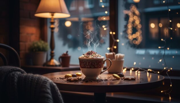 Steaming ornate mug of hot chocolate with whipped cream and colorful sprinkles sits on a cozy wooden table, illuminated by warm ambient light and festive bokeh