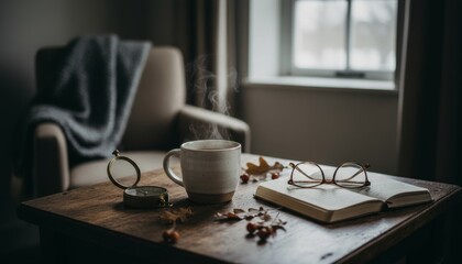 Steaming ceramic mug, open book, and reading glasses rest on a rustic wooden table with a compass, autumn leaves, and berries, creating a cozy, contemplative atmosphere by a window