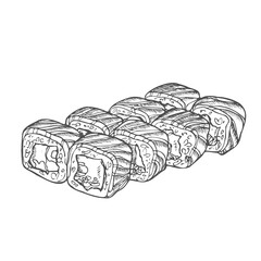 Set of philadelphia sushi rolls, asian, sea food, vector hand drawn illustration and lettering isolated on bright background. Concept for menu, cards, print