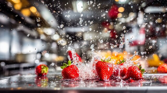 Close-up of ripe strawberries colliding with water, creating a splash, in a kitchen setting - Powered by Adobe