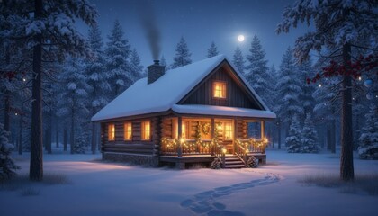 Cozy wooden log cabin stands peacefully in a snow-covered winter forest at night, adorned with festive lights and wreaths, with smoke rising from its chimney under a bright full moon
