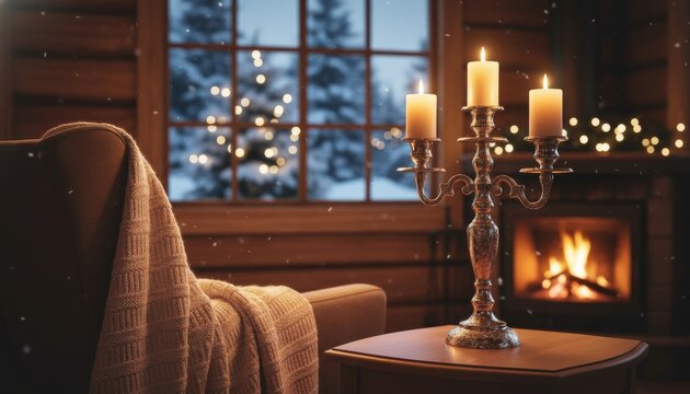 Beautiful three-arm candelabra with lit candles illuminates a cozy log cabin interior, featuring a warm fireplace and a snowy window view with festive lights - Powered by Adobe
