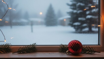 Shiny red ribbed Christmas ornament and green pine needles rest on a cozy windowsill, illuminated by warm fairy lights against a blurry snowy winter window pane