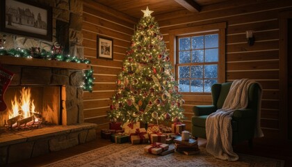 Warm glowing Christmas tree stands adorned with ornaments and lights, illuminating a cozy rustic cabin interior with a crackling fireplace, comfortable armchair, and snowy window view