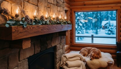 Obraz premium Cozy decorated fireplace mantel with glowing oil lamps, pinecones, and eucalyptus leaves, illuminating a rustic log cabin interior where a golden retriever sleeps by a snowy window