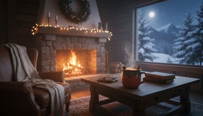 Cozy cabin interior features a warm fireplace and a steaming spiced drink on a rustic wooden table, overlooking a serene snowy mountain landscape under a full moon