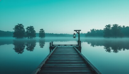 Long wooden pier extends into a misty lake with an old lantern hanging, reflecting distant trees under a tranquil teal sky, creating a serene and atmospheric morning landscape