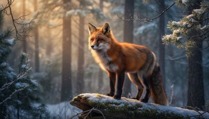 Beautiful red fox with vibrant fur stands majestically on a snow-covered log in a serene winter forest, illuminated by a warm, golden light