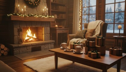Cozy rustic cabin living room features a warm fireplace, hot drinks, and wrapped gifts, creating a peaceful winter holiday atmosphere with snow falling outside a large window
