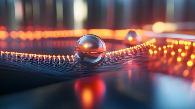 Chrome sphere balances precariously on glowing fiber optic threads representing complex data flow and futuristic technology concepts - Powered by Adobe