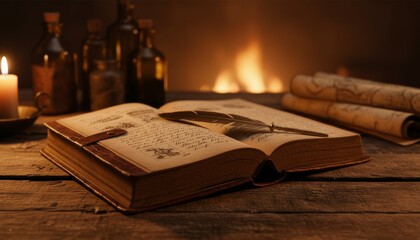 Old open leather-bound book with a quill pen resting on its aged pages, illuminated by warm candlelight and a cozy fireplace glow, creating a mystical atmosphere on a rustic wooden table
