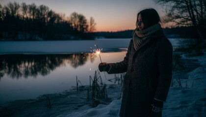 Young woman holding a glowing sparkler in her gloved hand, looking thoughtfully at the beautiful winter landscape by a frozen lake at sunset, creating a serene and festive mood