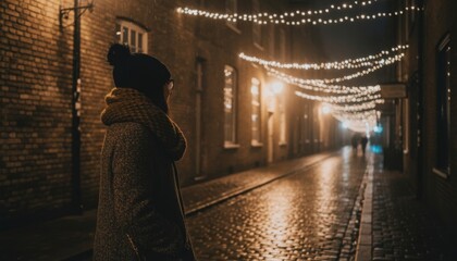 Person wearing a warm winter coat and hat stands on a wet cobblestone street at night, illuminated by festive string lights and soft reflections