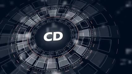 Futuristic HUD interface with CD acronym in glowing white concentric circles and digital background - Powered by Adobe