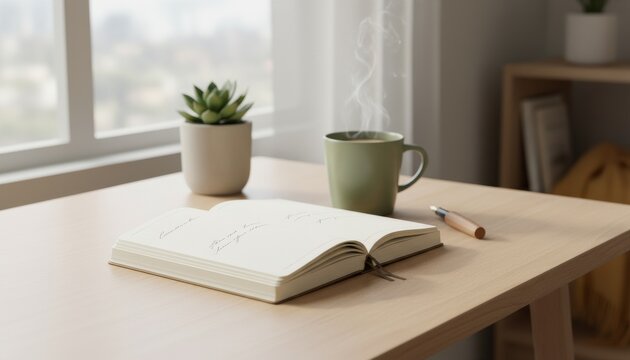 Open notebook, steaming mug, pen, and succulent sit peacefully on a light wooden table by a bright window, creating a serene and productive workspace scene - Powered by Adobe