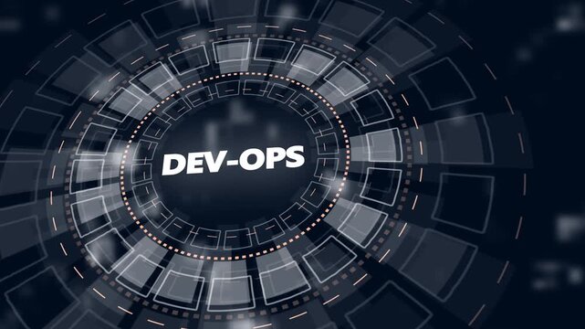 Futuristic HUD interface with DEV OPS acronym in glowing white concentric circles and digital background