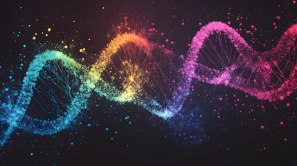 Vibrant digital representation of a glowing colorful dna double helix structure against a dark abstract background