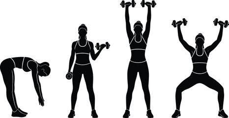 Black Silhouettes of Person Performing Dumbbell Exercises and Stretching, Ideal for Fitness Training, Workout Guide, Vector Art, and Design Use