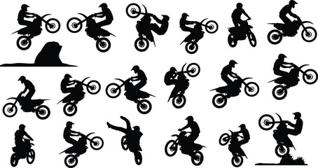 Silhouette of dirt bike riders performing stunts and tricks, black vector illustration symbolizing motocross action, energy, and extreme sport