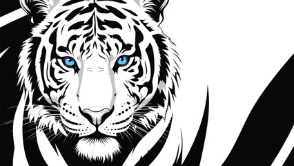 High-Contrast Black and White Illustration of Fierce White Tiger Face with Blue Eyes, Perfect for Tattoo, Logo, or Vector Design