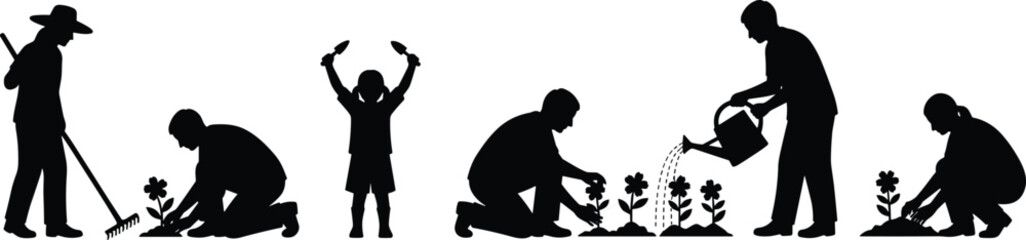 Black Silhouettes of Adults and Child Doing Gardening Tasks, Ideal for Nature Care, Outdoor Activity, Vector Art, and Design Use