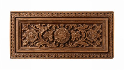Ornate wooden floral panel with handcrafted carvings and vintage decorative details on isolated background