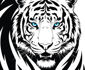 Symmetrical Black and White Illustration of Fierce White Tiger Face with Blue Eyes, Ideal for Tattoo, Logo, or Graphic Design Use