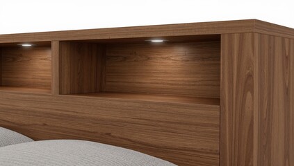 Modern wooden headboard with builtin shelf and led accent lighting for bedroom storage and decor