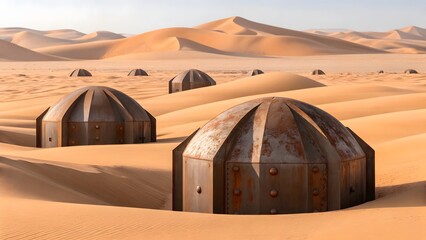 Futuristic dome structures emerging from vast desert sand dunes under a clear sky