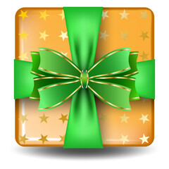 A miniature gift box with a green bow.