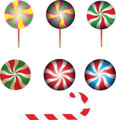Vibrant assortment of swirled lollipops and a classic candy cane isolated on white background