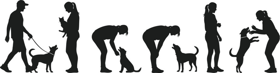 Silhouette sequence of people interacting with dogs, black vector illustration showing companionship, training, bonding, and everyday pet behavior