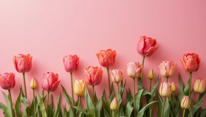 Fototapeta premium Vibrant pink tulips against a soft pink backdrop, fresh spring bouquet vibe.