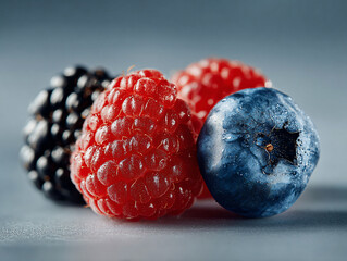 red raspberry lies along with berries of blueberry and black blackberry, photo of ripe and tasty berries close up. 