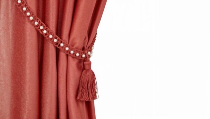 Elegant red curtain with pearl trimmed tieback and tassel isolated on white background for interior design concepts