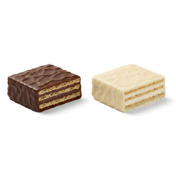 Two square wafer biscuits one covered in dark chocolate and one in white chocolate, isolated snack duo