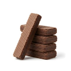 Stack of chocolate wafer squares in neat pile, layered biscuit snack display on white background