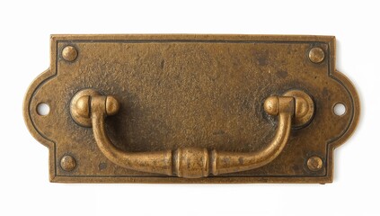 Antique brass drawer handle closeup  vintage rectangular pull handle with aged patina and decorative plate for cabinets or furniture restoration