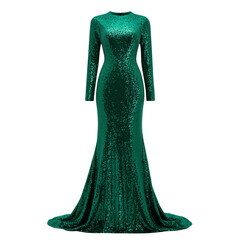 Emerald Green Sequin Evening Gown with Long Sleeves