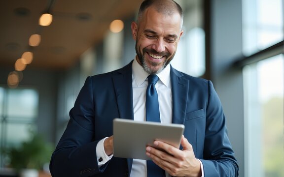 Happy middle aged business man. Ceo wearing suit standing in office. Man using digital tablet. High quality - Powered by Adobe