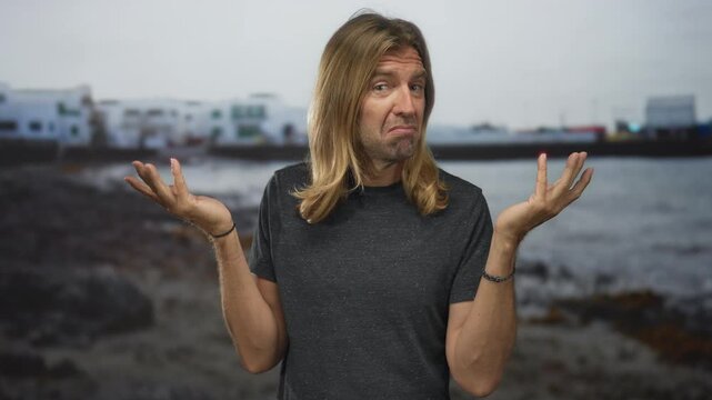 Blond longhaired man makes airquotes gesture with both hands at building on coastline near shore; skepticism.