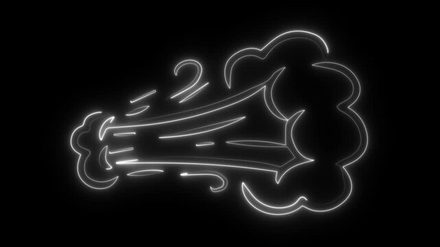 Neon wind. White glow. Speed effect. Air gust. Weather icon. Smoke trail. Comic style. Power icon. Abstract blow. Fast movement.
