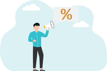 Investment attractiveness of projects, ways and methods of increasing profits from deposit or securities, strategy for achieving success in innovation, man announces percent through loudspeaker.
