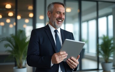 Happy middle aged business man ceo wearing suit standing in office using digital tablet. He rejoices at the good news from the stock exchange. High quality